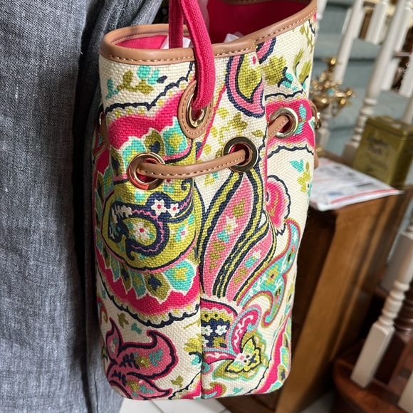 Spartina  Linen natural  shoulder bag   heavy duty  leather trim  hot pink/cream - Picture 8 of 17